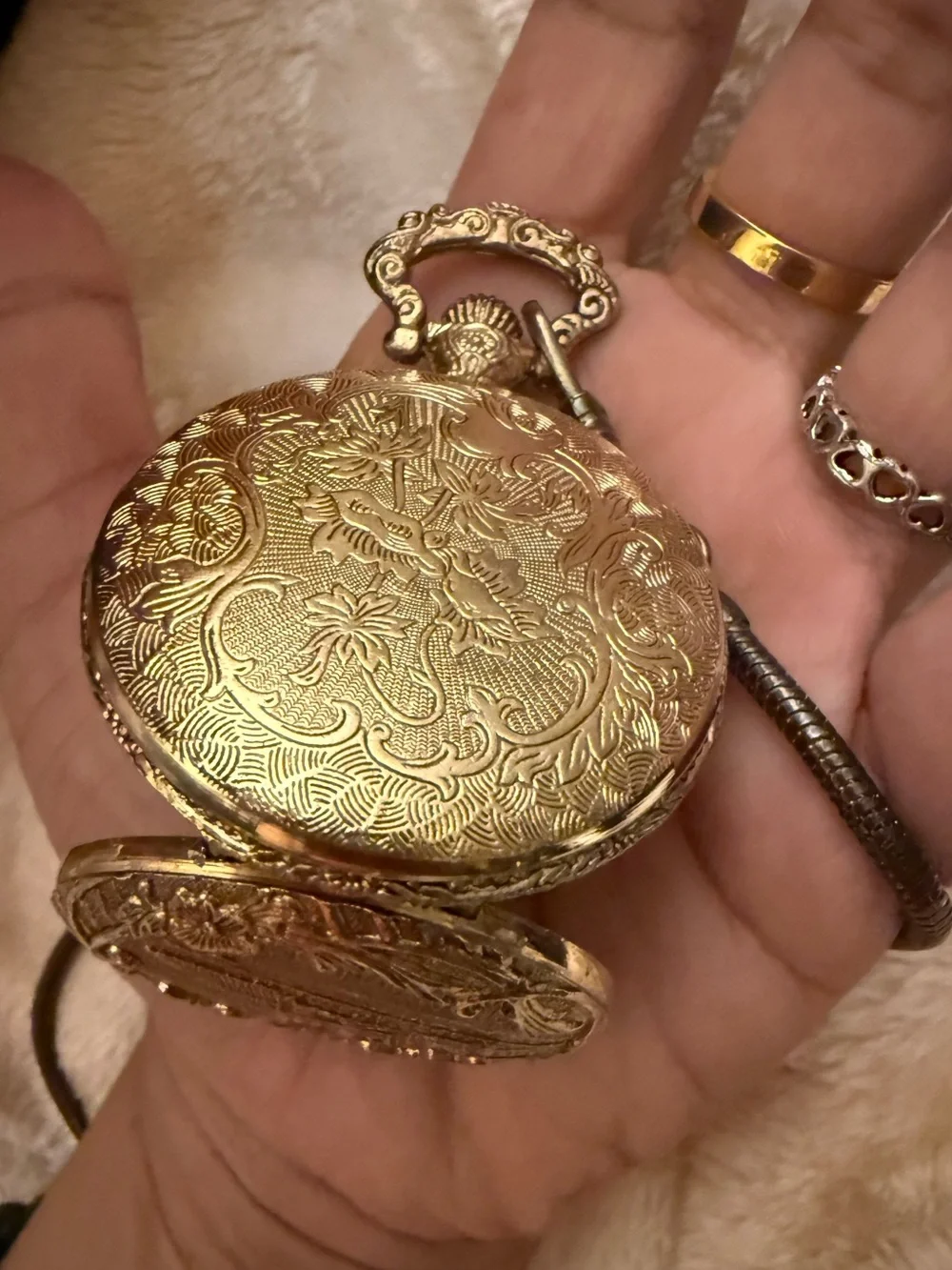 Source Unknown Gold-Tone Train Engraved Pocket Watch with Chain